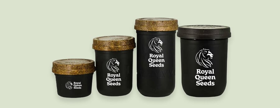 Contenants modernes de Royal Queen Seeds de différentes tailles. Illustre comment l'emballage du cannabis a évolué pour mieux préserver la qualité du produit.