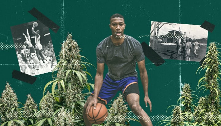 Un groupe de personnes jouant au basketball sous l'influence du cannabis, appréciant l'intensité et le plaisir du jeu, illustrant l'ambiance vivante des sports décontractés.