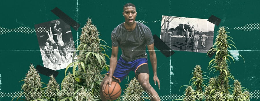 Un groupe de personnes jouant au basketball sous l'influence du cannabis, appréciant l'intensité et le plaisir du jeu, illustrant l'ambiance vivante des sports décontractés.