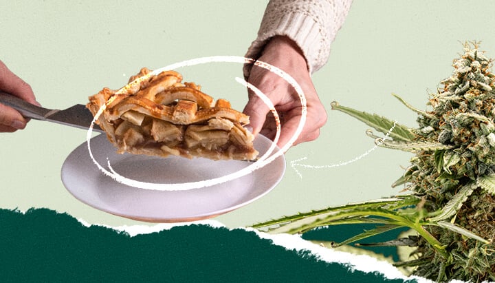 Une personne coupant une tranche de tarte aux pommes, combinée dans un collage avec une image d'une plante de cannabis. Représentation visuelle pour les thèmes culinaires et cannabis.