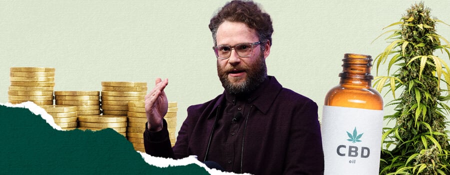 Un collage mettant en avant Seth Rogen et l'industrie du cannabis, avec une pile de pièces d'or, une plante de cannabis, Seth Rogen faisant un geste et une bouteille d'huile de CBD, symbolisant le commerce et la culture du cannabis.