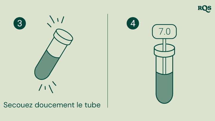 Instructions pour tester le pH du sol : secouez doucement le tube à essai et comparez la couleur du liquide avec un graphique pour déterminer le pH du sol. L'image montre un tube à essai avec un pH de 7,0, indiquant un sol neutre.