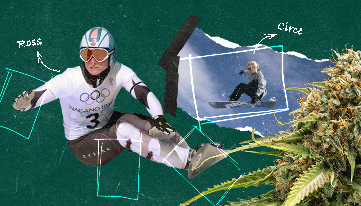 Un collage mettant en scène les snowboarders professionnels Ross Rebagliati et Circe Wallace, reconnus pour leur plaidoyer en faveur du cannabis parallèlement à leur carrière sportive.