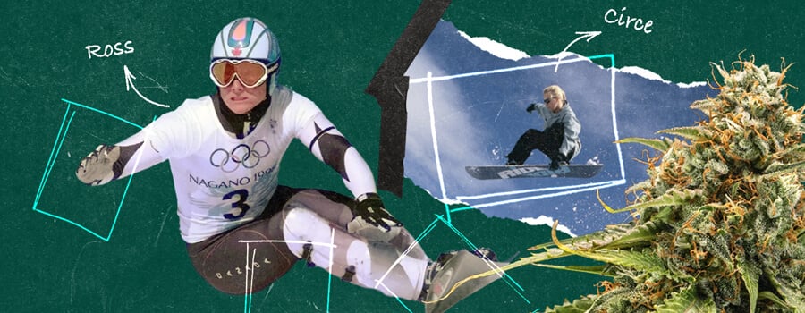 Un collage mettant en scène les snowboarders professionnels Ross Rebagliati et Circe Wallace, reconnus pour leur plaidoyer en faveur du cannabis parallèlement à leur carrière sportive.