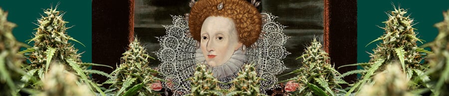 Un portrait coloré de la Reine Elizabeth I, centré et encadré par des plantes de cannabis avec des bourgeons denses, sur un fond vert foncé.