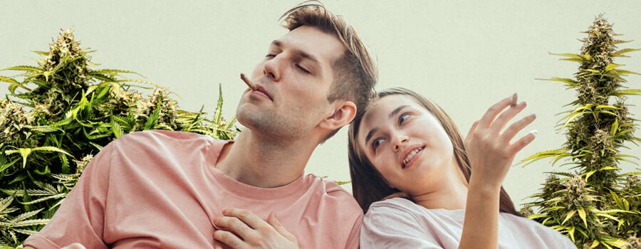 Un homme en t-shirt rose fumant un joint allumé et une femme souriante en t-shirt blanc se relaxent ensemble, entourés de plantes de cannabis luxuriantes, mettant en avant le lien entre la culture du cannabis et la détente.