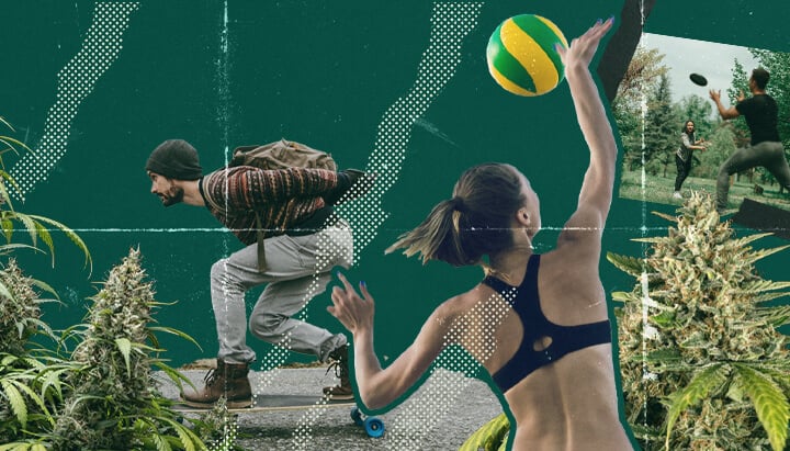 Un collage de personnes s'amusant au Ultimate Frisbee, au beach-volley et au longboard sous l'influence du cannabis, illustrant le plaisir et les rires associés à la pratique de sports en étant défoncé.