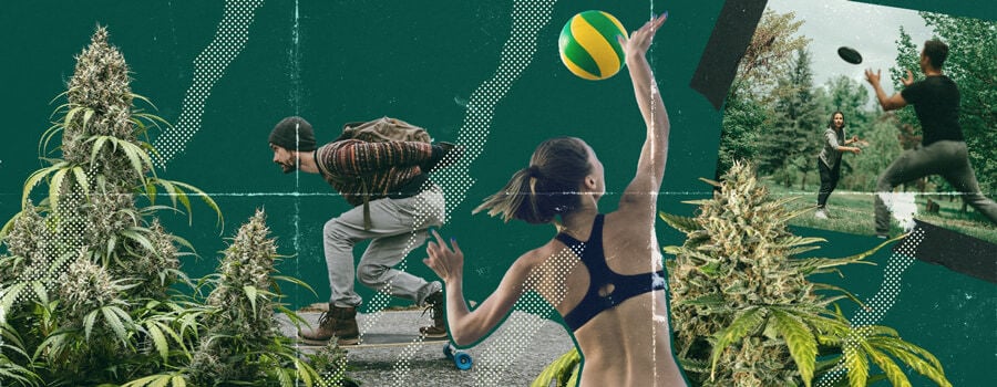 Un collage de personnes s'amusant au Ultimate Frisbee, au beach-volley et au longboard sous l'influence du cannabis, illustrant le plaisir et les rires associés à la pratique de sports en étant défoncé.