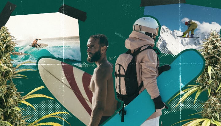 Un collage présentant des surfeurs prenant des vagues avec des montagnes enneigées en arrière-plan, symbolisant le mélange parfait entre le surf, les sports d'hiver et le plaisir du cannabis. La scène capture l'essence du plaisir des activités de plein air tout en étant sous l'influence.