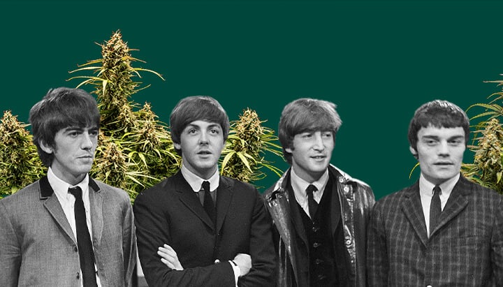 Photo en noir et blanc des Beatles, avec les quatre membres, des plantes de cannabis en arrière-plan et un fond vert foncé, mettant en valeur la scène iconique.