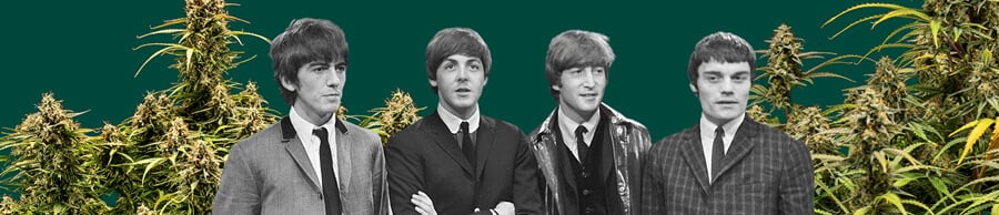 Photo en noir et blanc des Beatles, avec les quatre membres, des plantes de cannabis en arrière-plan et un fond vert foncé, mettant en valeur la scène iconique.