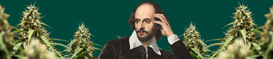 Portrait de William Shakespeare, la main sur la tempe, entouré de plantes de cannabis luxuriantes sur un fond vert foncé.