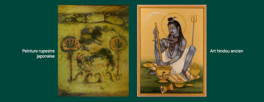 Comparaison côte à côte : une peinture rupestre délavée d'une figure avec des arbres et une représentation moderne vibrante de Shiva tenant un trident et un bâton.