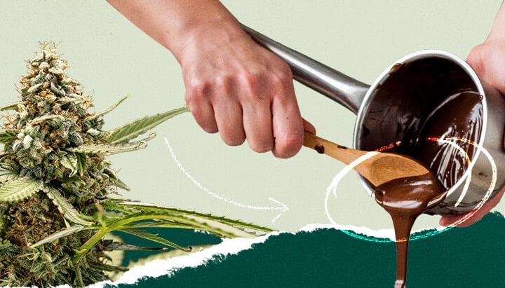 Une personne remuant une casserole de chocolat fondu, collée avec une image d'une plante de cannabis pour un contraste visuel.