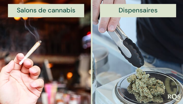 Une image partagée montre une main tenant un joint allumé dans un salon de cannabis à gauche, et une personne utilisant des pinces pour choisir du cannabis dans un bocal dans un dispensaire à droite.