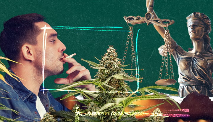 Collage numérique d’un homme fumant un joint, des plants de cannabis et de Lady Justice tenant une balance, symbolisant les lois sur le cannabis. Fond texturé vert avec des accents de style néon.