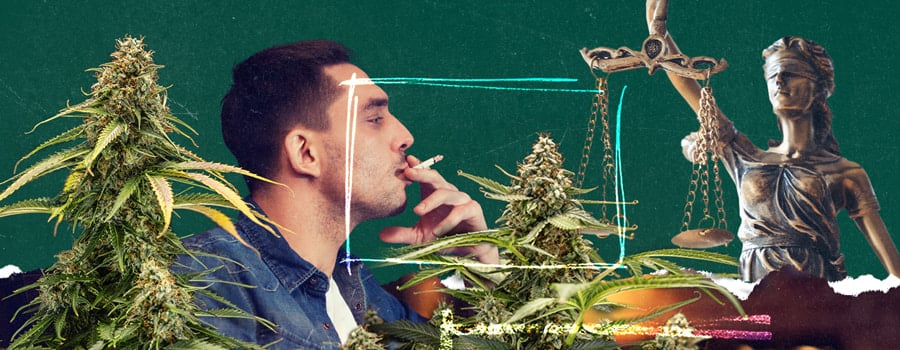 Collage numérique d’un homme fumant un joint, des plants de cannabis et de Lady Justice tenant une balance, symbolisant les lois sur le cannabis. Fond texturé vert avec des accents de style néon.