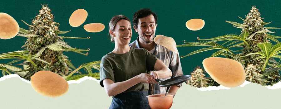 Couple en train de cuisiner des pancakes dans une cuisine avec des plantes de cannabis en arrière-plan.