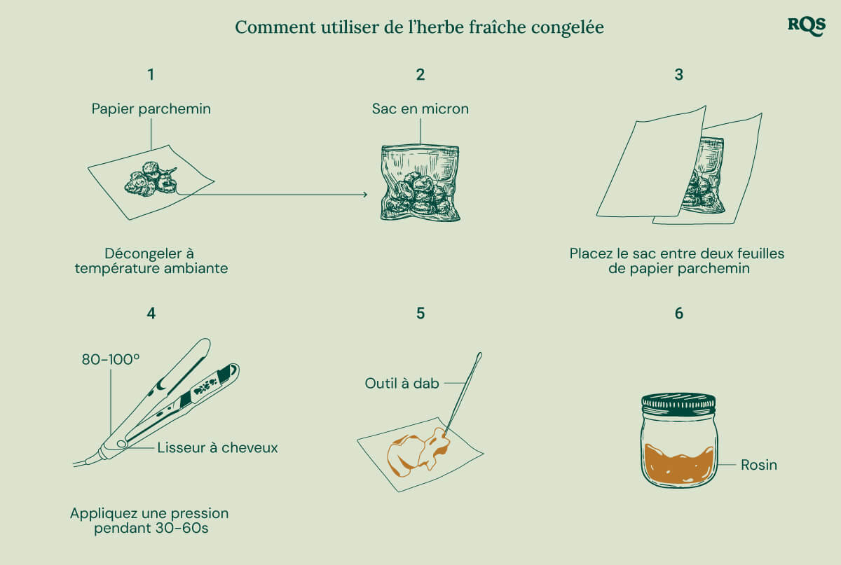 Guide illustré montrant comment utiliser du cannabis frais congelé pour l'extraction de rosin. Les étapes incluent le décongélation sur du papier sulfurisé, la mise dans un sac micron, l'utilisation d'un lisseur à 80-100°C pendant 30-60 secondes, et la collecte de rosin avec un outil à dab.