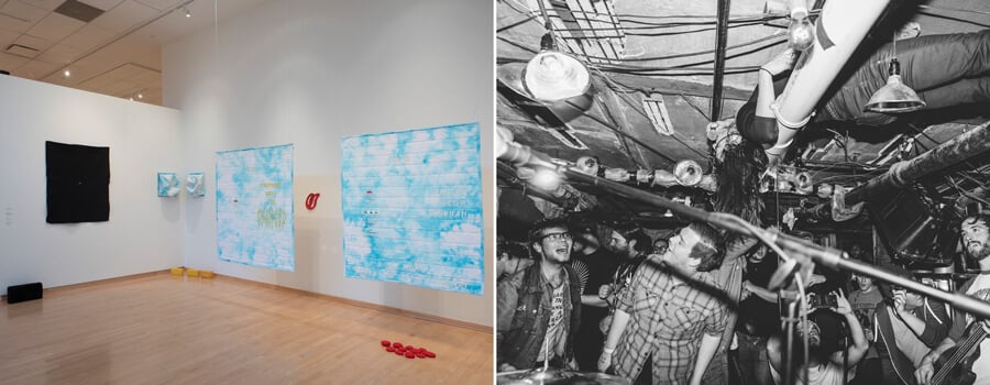 Image divisée : à gauche, une galerie d'art avec des murs blancs, un sol en bois, des tableaux et des boules rouges. À droite, une photo en noir et blanc d'un groupe en live jouant dans un endroit bondé et faiblement éclairé.