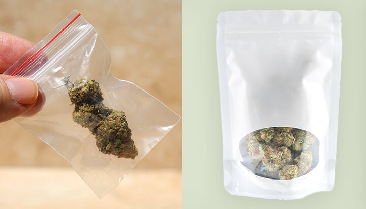 Comparaison des emballages de cannabis : un sac en plastique transparent et un sac Mylar moderne. Souligne l'évolution de l'emballage du cannabis, des méthodes simples aux solutions avancées de préservation.