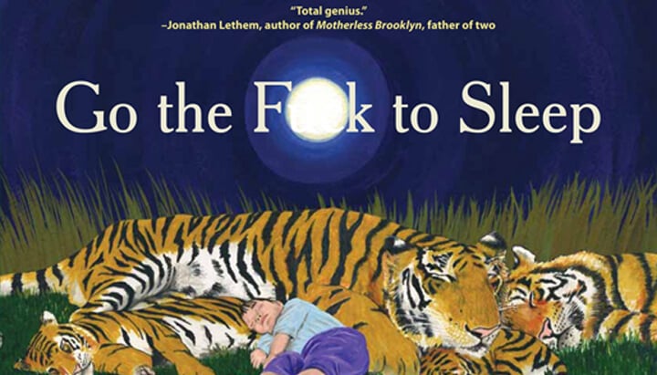 Image divisée de deux couvertures de livres. À gauche : Go the F**k to Sleep avec un enfant et des tigres. À droite : It's Just a Plant avec une plante de marijuana.