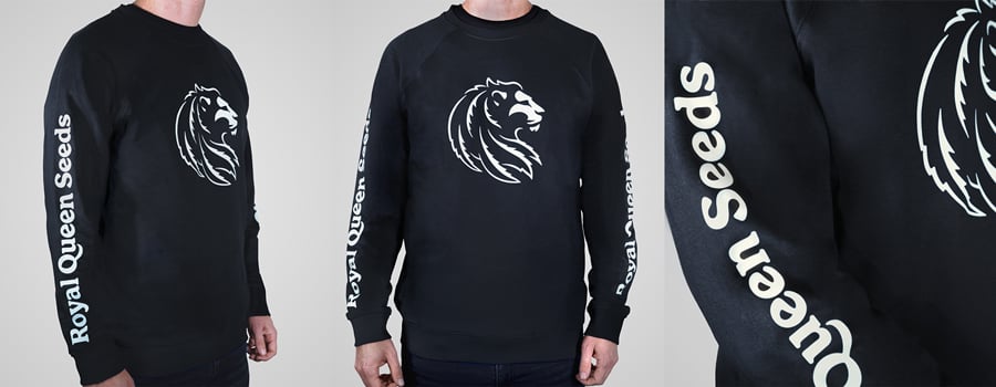 Un sweat-shirt noir avec un logo de tête de lion blanc sur le devant et les mots 