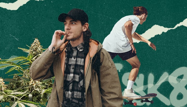 Jeune homme fumant un joint de cannabis et un skateur en action.