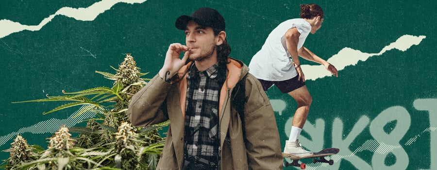 Jeune homme fumant un joint de cannabis et un skateur en action.