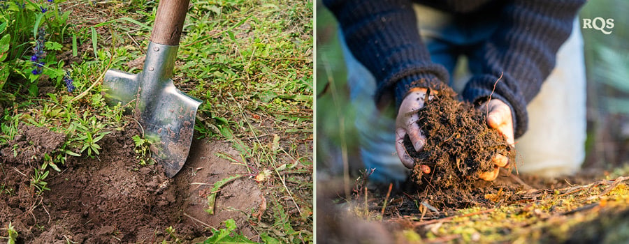 Comparaison des méthodes de jardinage : Image de gauche du jardinage intensif dans un setup structuré, image de droite du jardinage extensif en champ ouvert.