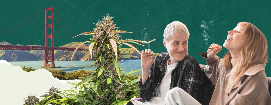 Deux femmes sont assises à l'extérieur, fumant joyeusement des joints. L'arrière-plan inclut des plants de cannabis et une vue sur le Golden Gate Bridge.